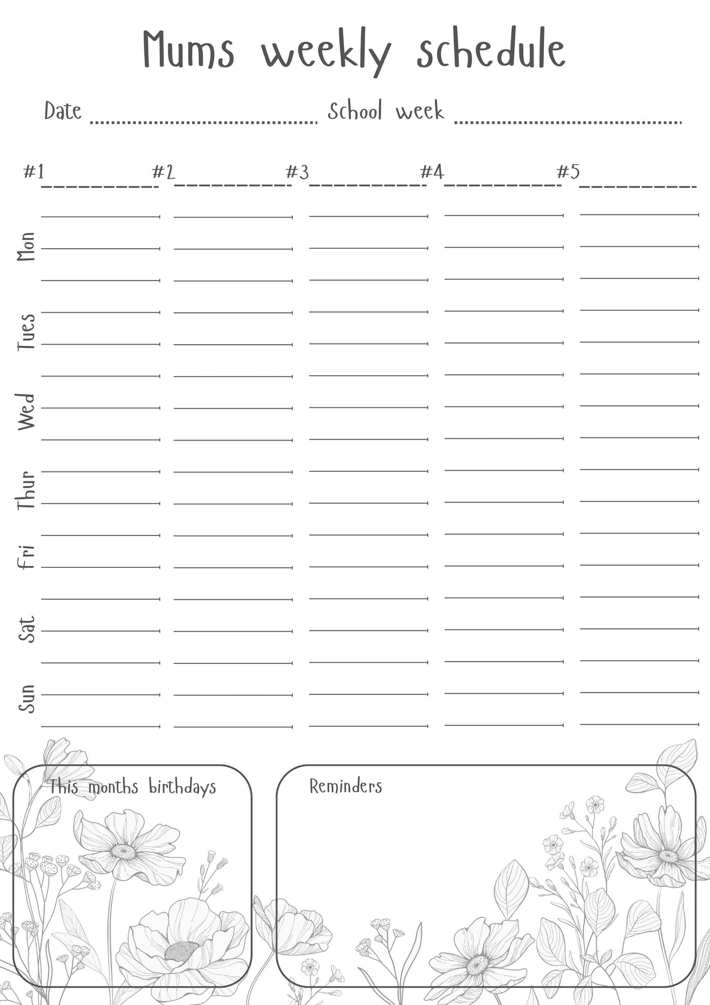 Mums weekly schedule - Print your own or digital