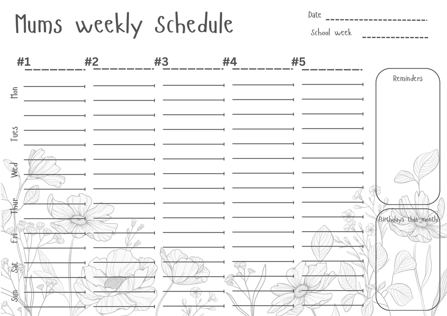 Mums weekly schedule - Print your own or digital