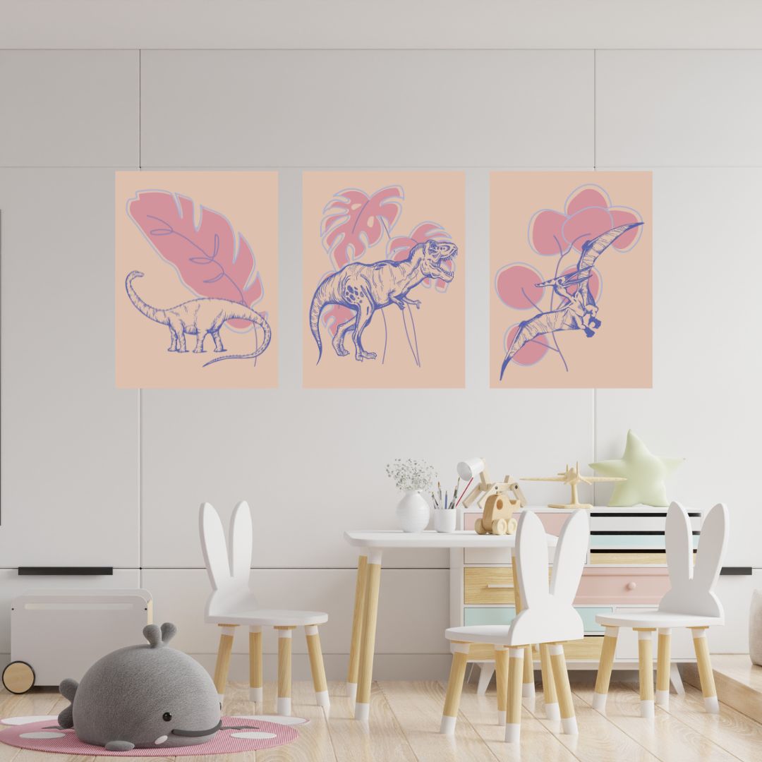 Dinosaur wall prints, set of 3, nursery prints
