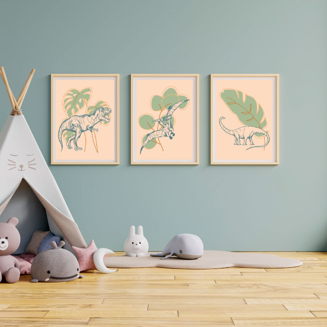 Dinosaur wall prints, set of 3, nursery prints