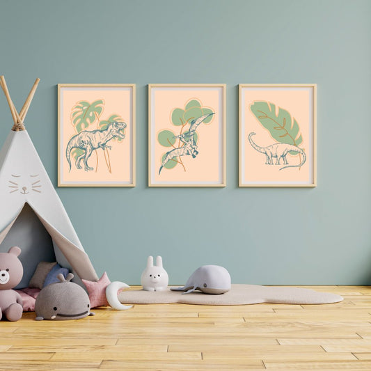 Dinosaur wall prints, set of 3, nursery prints