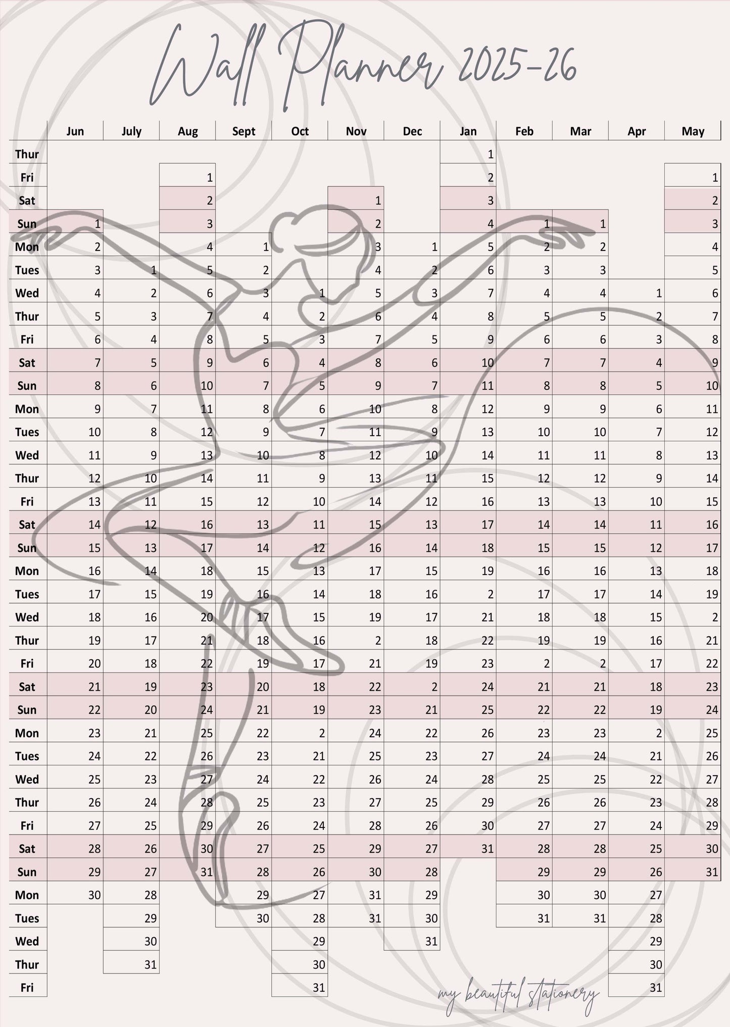 2025-26 Wall planner June to May